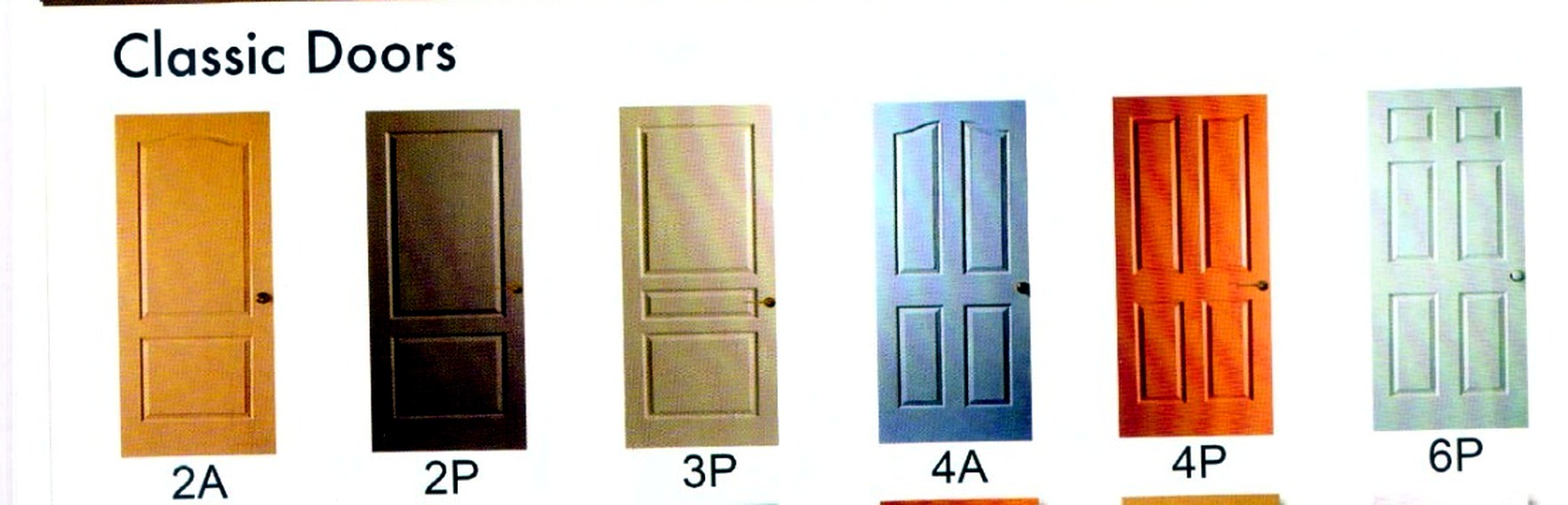 Classic door panel options in six colour and finish choices, labelled 2A, 2P, 3P, 4A, 4P, 6P
