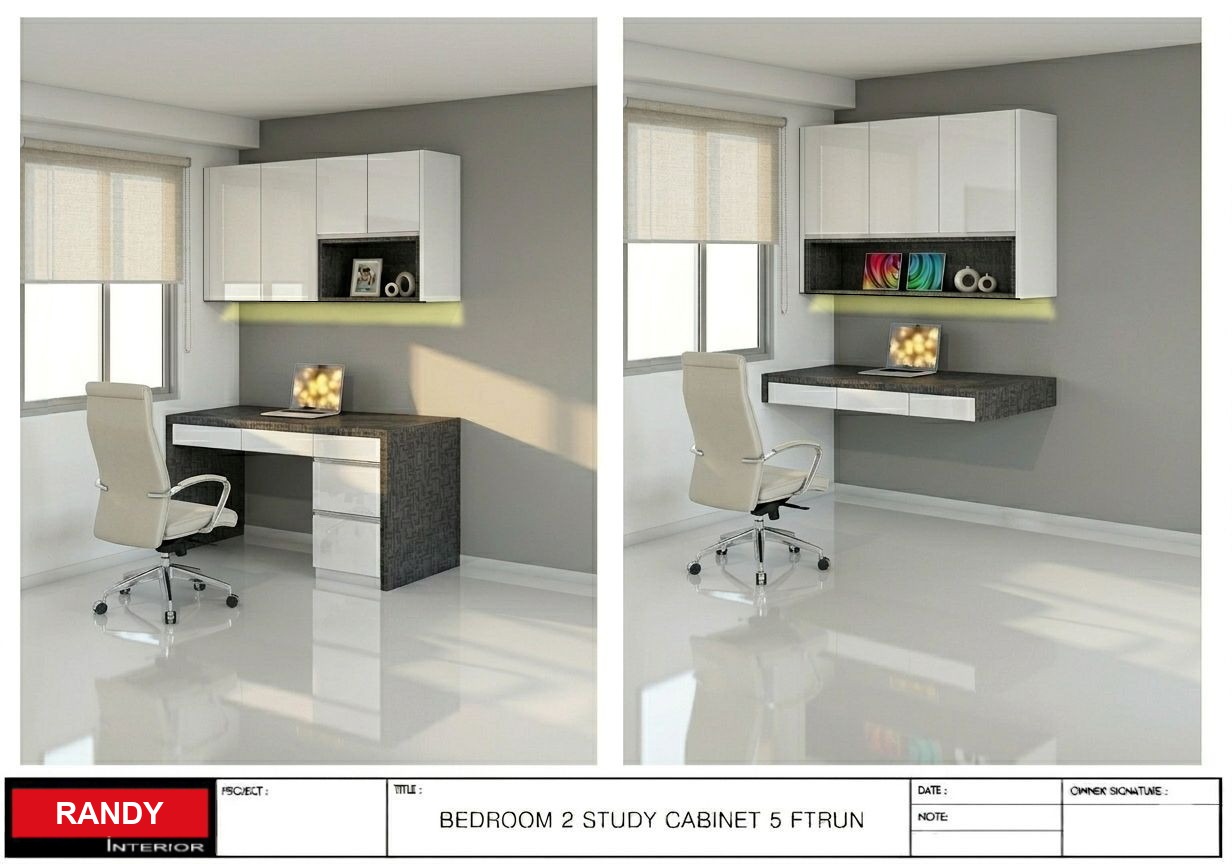 3D render of two study desk layout options for a second bedroom