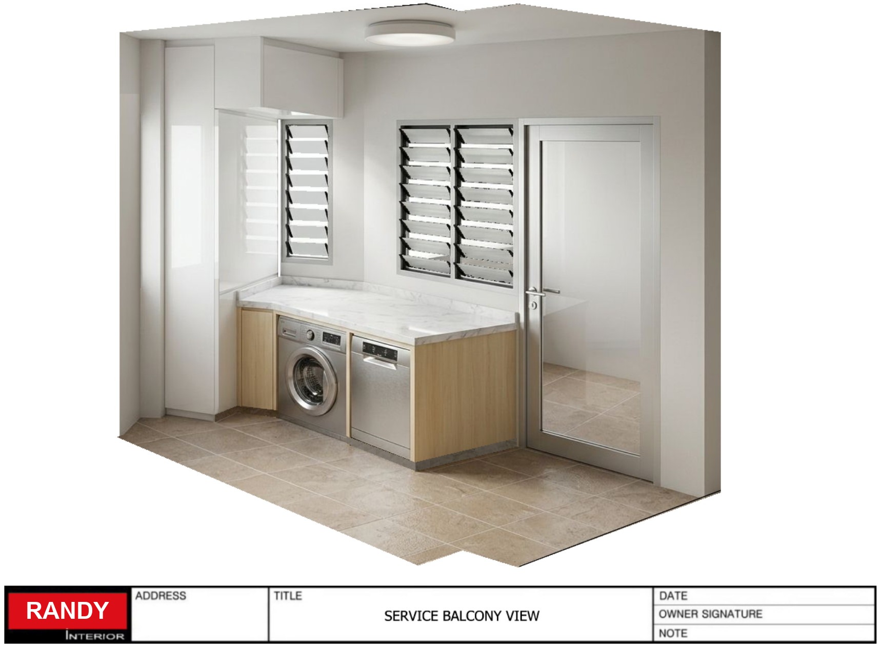 3D render of a service balcony with washer, dryer and louvre windows